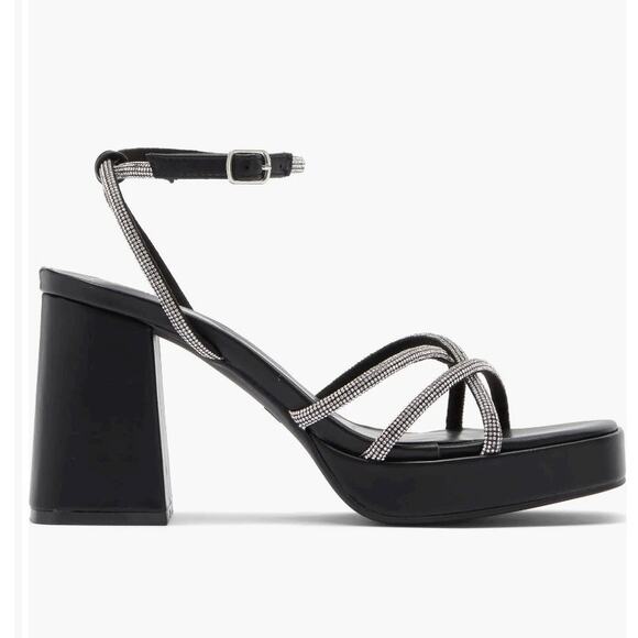 Black Silver Crystal Strappy Ankle Wrap Open Toe Platform Sandal Heels Formal - Picture 1 of 12